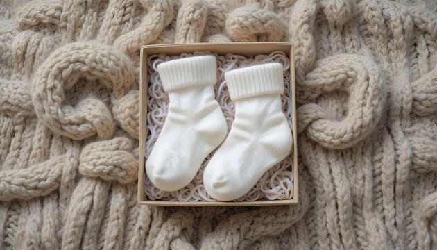 Adorable baby socks nestled in a charming gift box, resting on a cozy knit blanket - perfect for heartwarming baby shower announcements - Powered by Adobe
