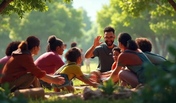 Man teaching a group of children and adults outdoors in a sunny park setting 4k  video