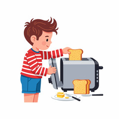 Cartoon illustration of a young boy making breakfast toast.