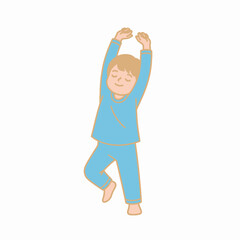 Young boy in blue pajamas stretching with arms raised.