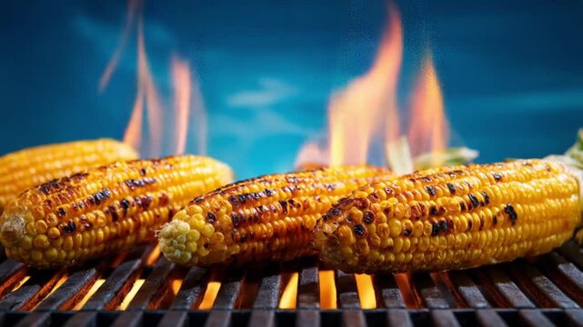Two grilled corn cobs over open flames, smoky butter glaze, and bright orange kernels. on grate. hot