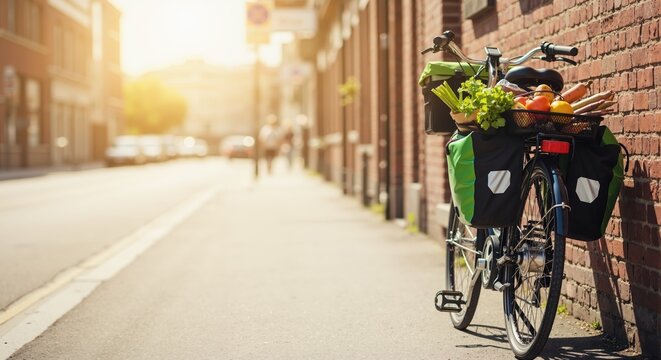A bicycle loaded with fresh groceries from the market. Urban cycling for a sustainable and healthy lifestyle. Eco-friendly transport in the city with copy space