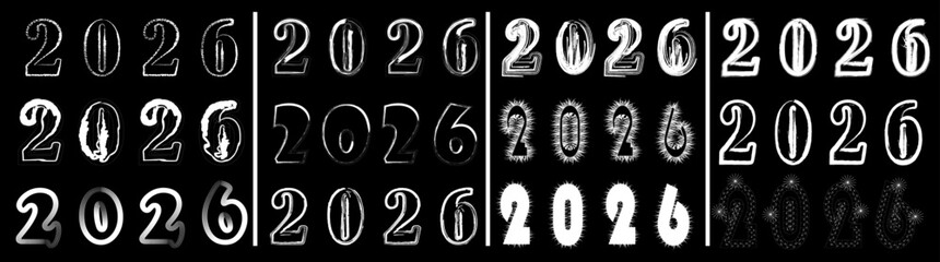Number 2026 different styles for design elements, new year template, black backgrounds for banner backdrop, and cardstock vectors. 