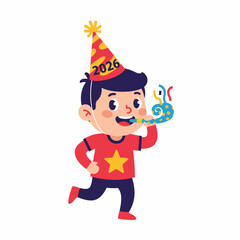 Joyful child celebrating New Year 2026 with party hat and noisemaker.