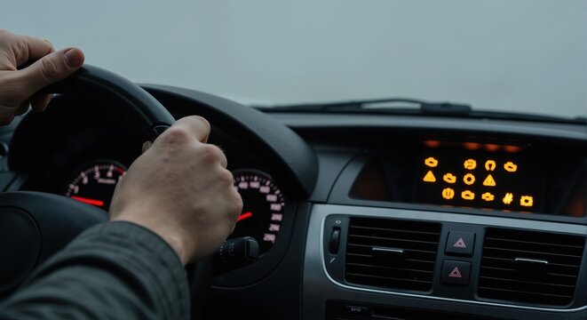 Driver's hands on steering wheel with car dashboard warning lights on. Vehicle malfunction and system failure concept with multiple orange error icons illuminated on the instrument panel