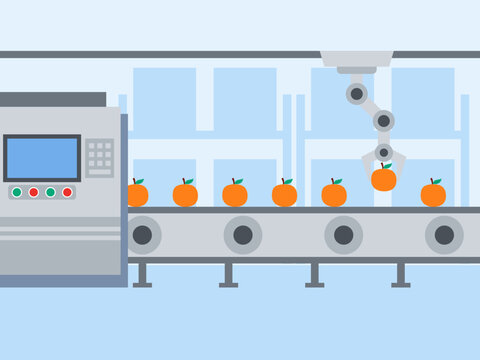 Industrial production orange juice factory. Food industry vector illustration. Flat illustration concept.