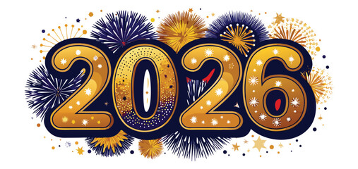 Greeting card template for happy new year of 2026 with golden numbers and fireworks illustration on transparent background.