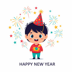 Cute cartoon boy celebrating New Year with fireworks and party hat.