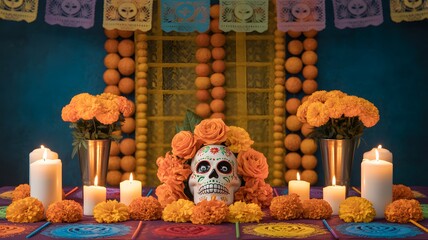 Vibrant altar decorated for Dia de Muertos featuring a sugar skull surrounded by marigolds and lit candles celebrating remembrance and heritage