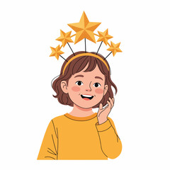 Happy young girl wearing a festive golden star headband.