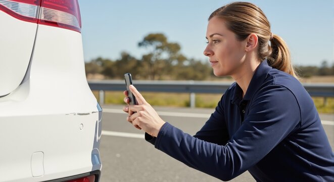 Woman taking a photo of car damage with a smartphone after an accident. Documenting scratches on a bumper for an insurance claim on the roadside