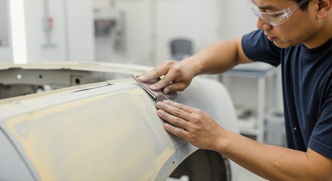 Asian mechanic sanding car body with sandpaper in workshop. Auto body technician repairing vehicle surface with filler. Professional man working on car restoration