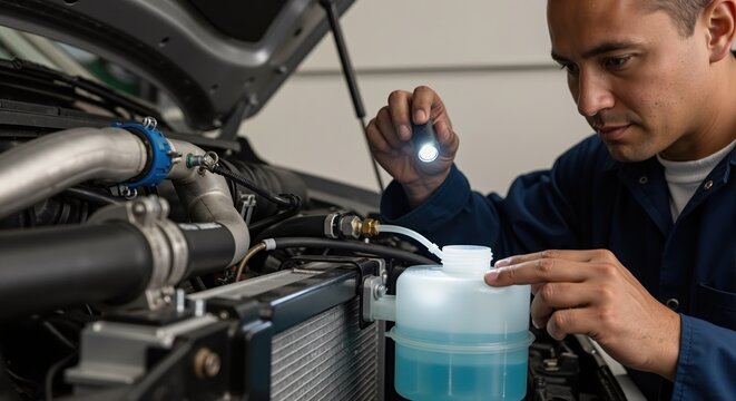 Hispanic mechanic inspecting car engine with a flashlight. Professional technician checking coolant fluid level in a garage. Auto repair and maintenance concept