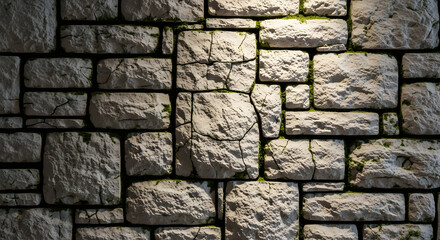 A textured old stone wall with irregular gray blocks, cracks, and moss growing in the crevices.