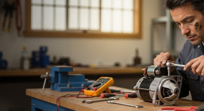 Male mechanic repairing a car starter motor in a workshop. Auto technician with dirty face working on an engine part using a wrench. Professional vehicle maintenance concept - Powered by Adobe