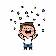 Happy little boy celebrating with colorful confetti falling around him.