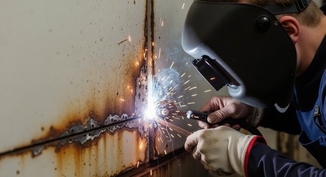 Industrial welder in protective helmet and gloves working on rusty metal. Professional worker welding with bright sparks in factory workshop