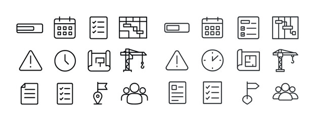 Construction and planning icons: calendars, checklists, cranes, buildings, navigation, alerts, clocks, teams