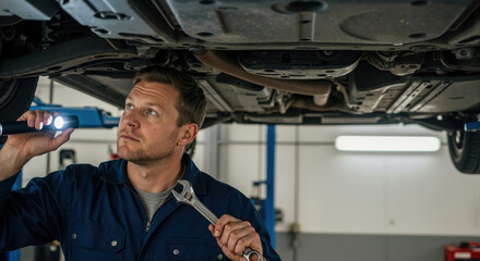 Professional car mechanic inspecting vehicle undercarriage with flashlight. Auto technician holding wrench while working under a lifted car in a garage