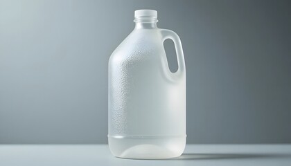 Frosted translucent plastic gallon jug with white screw cap and handle containing clear liquid, studio shot. 2 gallon jug
