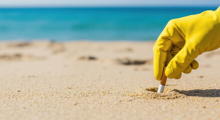 Hand in yellow glove picking up cigarette butt from beach sand. Cleaning trash and litter from the coast. Environmental protection and ecology concept with copy space