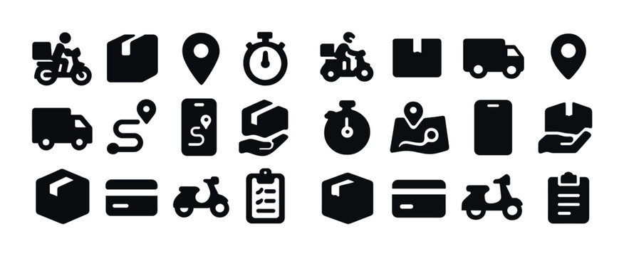 Black delivery and shipping icons collection with various transport and tracking symbols