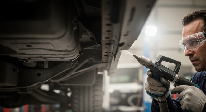 Professional car mechanic applying rust protection to vehicle undercarriage. Auto service technician working in garage with spray gun