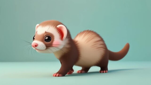A cute cartoon-style ferret with brown and white fur and big eyes stands on a light blue background.