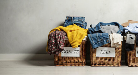 Two wicker laundry baskets filled with clothes labeled donate and keep. Sorting wardrobe for charity and decluttering home organization concept. Copy space on grey wall background