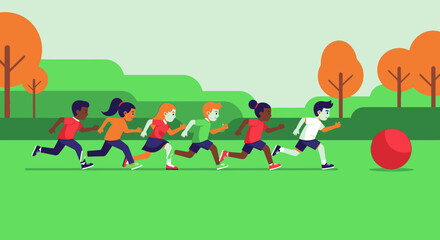 A diverse group of happy children joyfully runs across a vibrant green park, eagerly chasing a bright red ball, illustrating active play and fun.