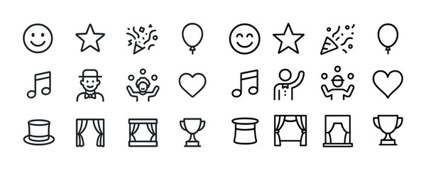 Collection of celebration and performance themed line icons