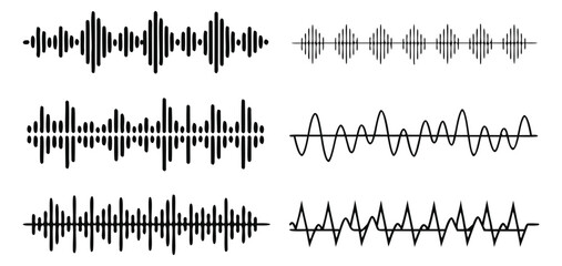 Set of varied audio wave spectrum representations showing different amplitudes and frequencies for visualization in digital media vector illustration. 