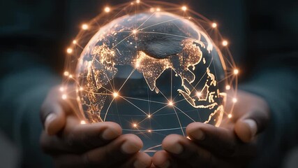 Hands gently holding a glowing world globe, symbolizing global connections, networking, and worldwide business solutions in a dynamic moving video