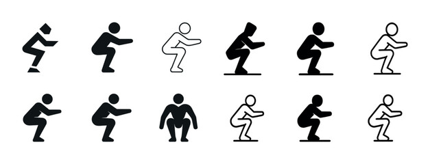 Naklejka premium Silhouette variations of squatting positions in icon set