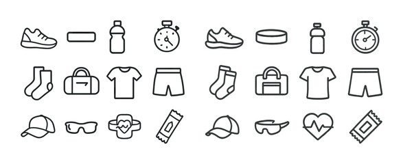 Set of fitness and sports icons including shoes, stopwatch, socks, and heartbeat