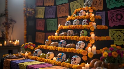 A Beautifully Decorated Altar for Day of the Dead Celebrations Featuring Sugar Skulls Marigolds and Candles