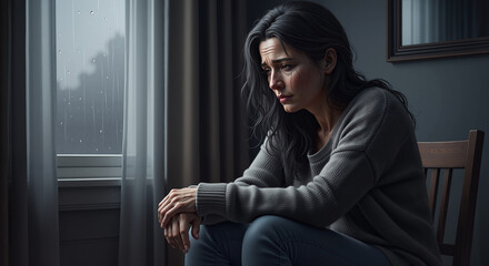Fototapeta premium Sad woman sitting on chair looking out window during rainy day, International Day for the Elimination of Violence against Women