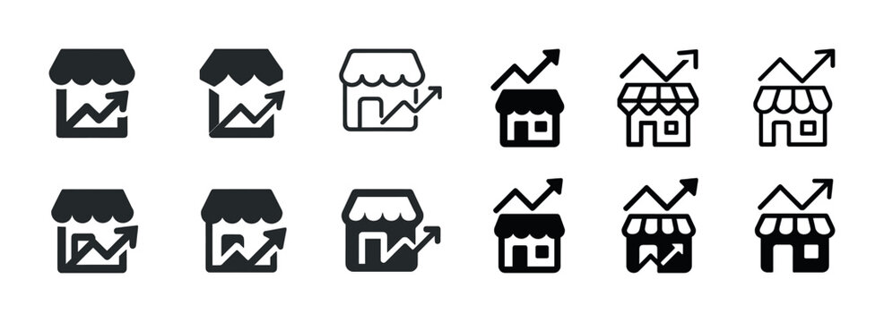 Set of storefront icons with growth arrows in various styles