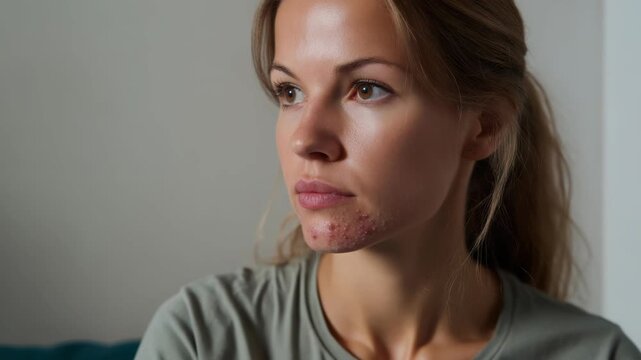 Close-up of a young woman with acne on her chin looking off into the distance