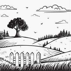 Serene Countryside Landscape with Rolling Hills and Fences.