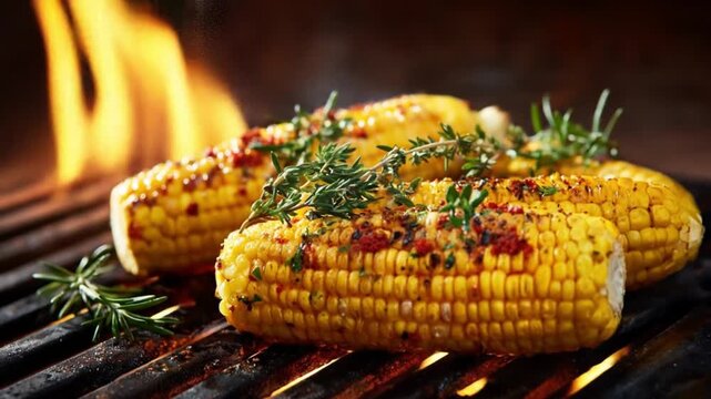 Golden corn on a smoky grill, charred kernels glisten, garnished with dill and rosemary over flames
