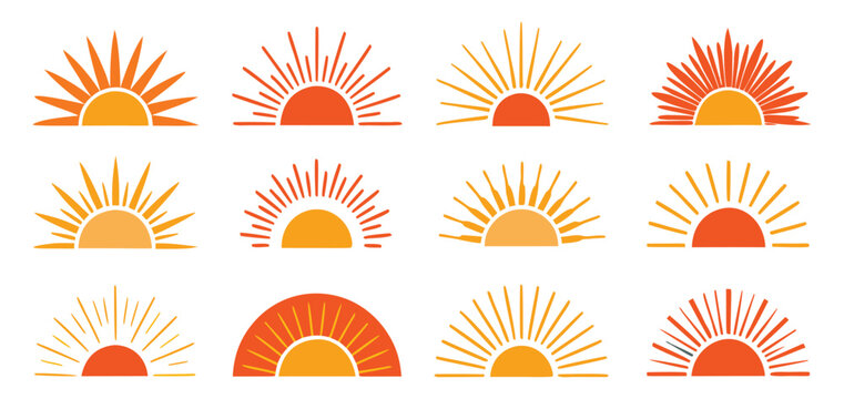 Set of twelve rising sun logo designs in hipster style, minimal geometric sunrise logo emblem, travel agency, summer creative concept.