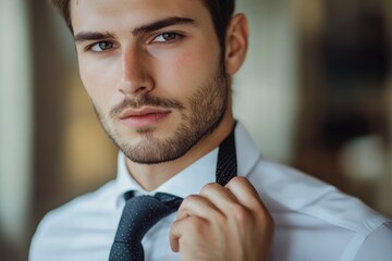 A young man in a white shirt and black tie adjusts his tie in front of a window, with a cityscape visible in the background.