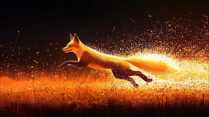 A dynamic illustration of a fox in mid-leap, its body outlined by glowing orange light and kicking up a cloud of fiery particles against a dark background. The