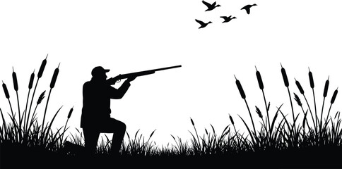 Hunter silhouette aiming shotgun, bird hunting scene, marshland grass illustration, outdoor wildlife activity, flying birds, nature sport, black and white design
