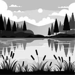 Serene Lake Landscape with Trees and Reflections.