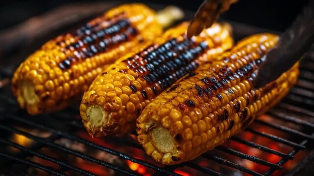 Three charred corn cobs grill over glowing embers, yellow kernels caramelizing with smoky sweetness