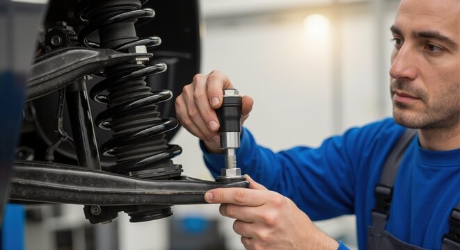Male mechanic repairing car suspension in workshop. Professional auto service technician installing part