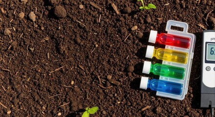Soil testing kit and digital pH meter on dark earth texture. Agricultural analysis tools with colorful chemical vials and seedlings. Gardening concept with copy space