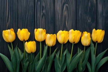 A vibrant display of yellow tulips arranged in a neat row against a dark wooden fence, creating a striking contrast.